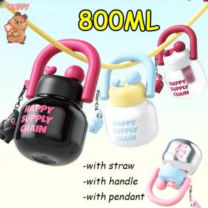 Quivlox 800ml Large Capacity Straw Cup Plastic Water Bottle Double Drinking Mouth Cute Tumbler With Handle