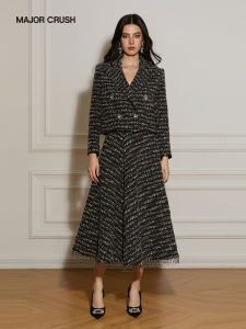 Elegant A-line Coat with Fringe Hem Skirt Set