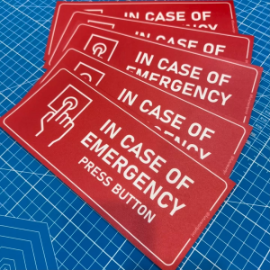 In Case of Emergency Press Button. Premium Sticker Sign Notice Signage. Panic Button Call. Help Security Alert Response