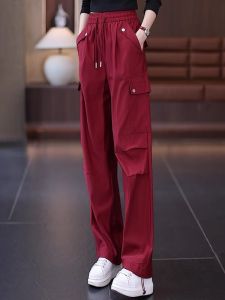 กางเกงขายาวทรงหลวมเอวสูงทรงลำลองสำหรับผู้หญิง ฤดูร้อนปี 2025 กางเกงขายาวทรงขากว้างหลายกระเป๋าสีแดงอังกอร์าแบบลำลอง