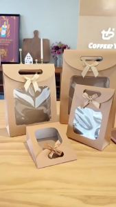 10pcs Mini Pink Kraft Paper Bags with Clear WindowGift Bags with Handles for Candy Cookies Wedding Christmas Party