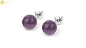 CSJA 8mm Natural Stone Stud Earrings Crystal Quartz Round Ball Beads Silver Color Simple Fashion Ear Jewelry for Women Girl G199