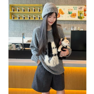 BINKAFENNY | Gray Cute Lazy Dog Knitted Sweater Womens Autumn Winter New Style Casual Loose Fit Long Sleeve Round Neck Top Fashionable