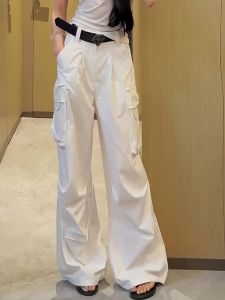 White Multi-Pocket Work Trousers Loose Straight Leg Wide Leg Pants High Waist Slimming Early Autumn Casual Diamond Brand
