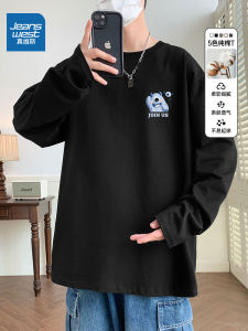 Jeanswest Mens Long Sleeve T-Shirt round Neck Loose Fit Pure Cotton Spring Autumn Black Base Shirt Casual Fashion Trendy