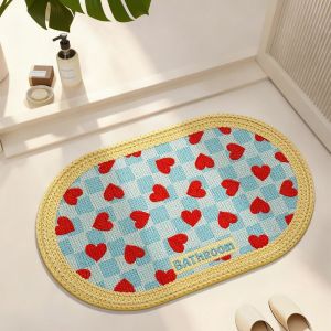 VIKAMA Oval Knit Look Bath Mat Non-Slip Super Absorbent Washable Heart Text Printed Floor Mat for Bathroom Entryway Home Decor