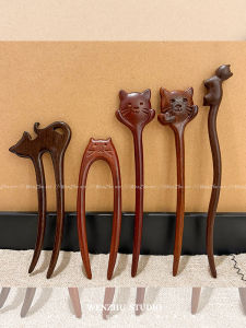 Cute Cat Hairpin Female New Chinese U-Shaped Hairpin Ebony Fancy Back Head Updo Hair Accessories Chinese Ancient Style Hair Clasp