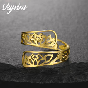 SKYRIM Golden Hollow Lotus Ring Openning Adjustable Fashion Ring Classical Elegant Ring for Women