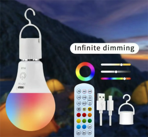 LED Rechargeable Light Bulb with Remote – RGB Color Changing Battery Operated E26 Base Built-in Hook for Portable Lighting