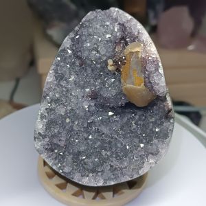Amethyst Geode Crystal Specimen with Quartz and Calcite Inclusions on Wood Stand