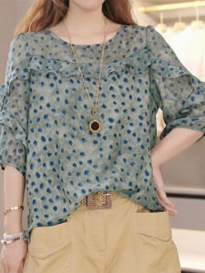 Shalldoer | Áo sơ mi tay ngắn in họa tiết thời trang cổ tròn cho nữ mùa hè 2025 Áo sơ mi thường ngày đa năng phong cách mới của thương hiệu Xiangduor