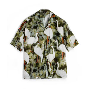 MADEN | Retro Hong Kong Style Crane Pattern Cuban Collar Tencel Hawaiian Short Sleeve Shirt