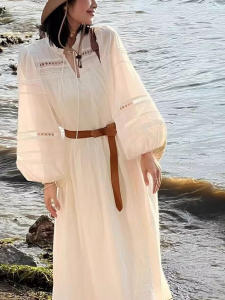 Elegant French Style White Lantern Sleeve Hollow out Dress Womens Fashion Spring New Arrival High Waist Cotton Blend Long Dress