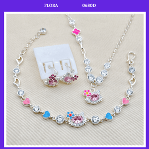 FLORA 0680D - Set bạc ta dây chuyền lắc tay bông tai hình mèo Hello kitty đính đá màu hồng dành cho bé gái