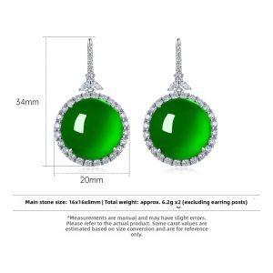 AILEQ | 925 Sterling Silver Gold-Plated Natural Jade Green Chalcedony Ear Studs