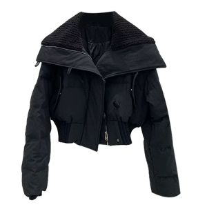 แจ็คเก็ตขนแกะแบบสั้นสำหรับผู้หญิง ฤดูใบไม้ร่วง/ฤดูหนาว เสื้อคลุมกันหนาวแบบหนา ทรงหลวม ปกเสื้อสีพื้น สไตล์เกาหลี แขนยาว