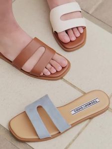 Toomanyshoes | New Blue Time Retro Style Square Toe Flat Slide Sandals