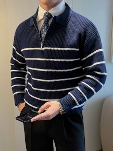 Stripes Sweater Mens Casual Fashion Zipper British Lapel Knitwear Mens Thickened Heattech Italian Outwear Autumn and Winter