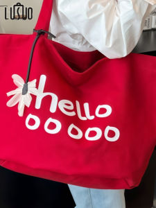 กระเป๋าผ้าใบสีแดงความจุขนาดใหญ่สำหรับผู้หญิง กระเป๋าถือลำลองสไตล์เกาหลี กระเป๋าสะพายไหล่แบบลำลองสำหรับเดินทาง กระเป๋าผ้า