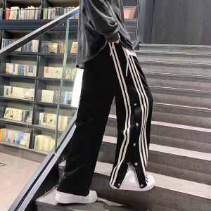 Quần Thể Thao Nam Cỡ Lớn 300 Pound Phong Cách Mỹ Cổ Điển Ba Sọc Thẳng Cài Nút Nửa Cài Nút Mùa Thu Đông Cài Nút Chia Đôi