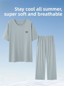 MiiOW | Catman Summer Sleepwear Loose Short Sleeve Long Pants Set Simple Solid Color Mens Home Clothes Polyester Rayon Spandex Blend