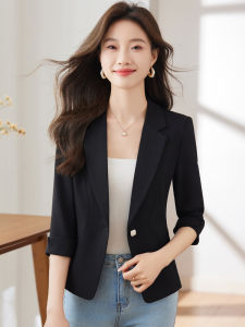 Summer Thin Tailored Ladies Suit Jacket Short Sleeve Black Stylish Commute Style Womens Fashion Polyester Blend Slim Fit