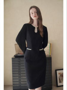 YINER | Draped Neck Tweed Dress
