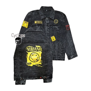 Jaket Jeans Denim Pria - Kombinasi Bordir dan Sablon - Sandwash Hitam Gear 5 Monkey D. Luffy