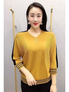 Elastic Splice Anti-Aging Knitted Sweater Womens Early Autumn New Fashion Loose Slimming Mom Clothes Top V-Neck Five Sleeve