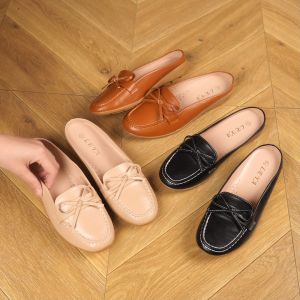 LEYA Womens Durable Loafer Half Flat Shoes Ribbon Style #8844 Girl Footwear Beige Leather Classic Round Toe Comfortable & Stylish Gift for Loved Ones