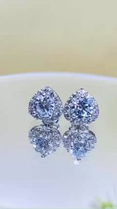 Khuyên tai nữ bạc xi bạch kim kiểu tim chủ đính kim cương Moissanite Mỹ 6mm màu trắng Bông tai moissanite màu xanh kiểm định GRA Hoa tai bạc thật