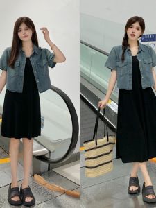 Summer Elegant Womens Dress Set Beautiful Strapless Mini Dress with Denim Jacket plus Size Slimming Two-Piece Ensemble