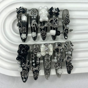 Cute Japanese Dark Jirai Long Tip Handmade Press On Nails Y2K Shibuya Spice Girl Fake Nails Bow Bear Rose Cross Glitter Nail Art