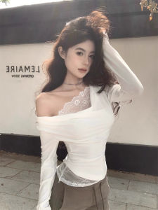 เสื้อยืดคอวีลูกไม้เซ็กซี่แขนยาวทรงสลิมฟิตสำหรับผู้หญิงในฤดูใบไม้ผลิและฤดูใบไม้ร่วง เสื้อชั้นในสุดเท่สำหรับสาวๆ