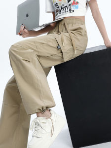 QIAOMIDUO | กางเกงทำงานแห้งเร็วสำหรับฤดูร้อน กางเกงปีนเขาลำลอง ผ้าไหมน้ำแข็ง กางเกงขายาวทรงฮาราจูกุ กางเกงขายาวผู้หญิง สีกรมท่า