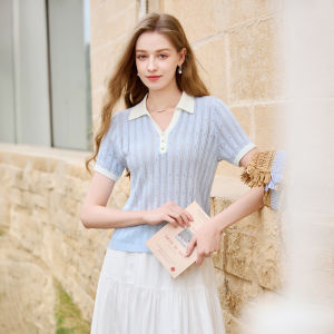 XIANGYING | Gray Stripes Short Sleeve Lightweight Polo Knit Sweater