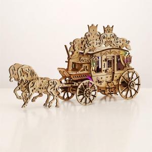 Rustic 3D Horse-Drawn Cart Assembly Kit - 3D Wooden Puzzle DIY Carriage Model Tabletop Decor Craft With Night Light - Festive D