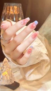 Berlian Kupu-kupu Kilat Halus Gradien Ungu Peri & Elegan Fake Nail Kuku Palsu + Lem Nail Art