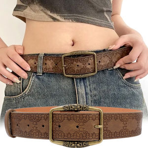 1Pc Brown Floral Embossed Belt: A Vintage American Y2K Hip Hop Style Distressed Denim Accessory