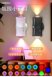 โคมไฟผนังแม่เหล็กชาร์จไฟ RGB 7 สี เซ็นเซอร์คน 2 หัว ไฟบรรยากาศอัจฉริยะ ประหยัดพลังงาน