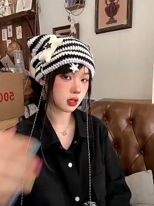 New Y2K Star Little Devil Striped Beanies Hat Japanese Harajuku Women Girls Autumn Winter Warm Cute Cat Ears Wool Knitted Hats