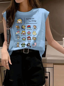 Summer 2025 Loose Fit Korean Style Sleeveless Cartoon Print Sports Top Womens Tank Vest Student Casual Fashion Polyester Cotton Blend
