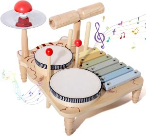 Wooden Xylophone Drum Set For ToddlersMontessori Baby Musical Instruments Toys Drum Set Percussion Instruments Musical Toys