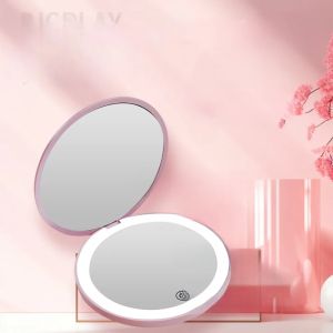 1X/10X Magnification LED Pocket Mirror Portable Handheld Rechargeable Compact Cosmetic Mirror with Light Travel Round Folding