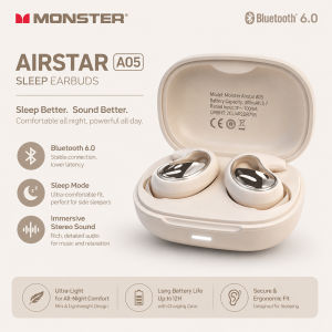 Monster | Monster A05 Passive Noise Canceling Sleeping Earbuds Bluetooth 6.0 Sleepbuds for Side Sleeper Deep Bass Wireless Sleep Earphones