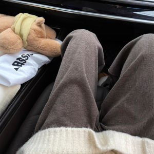 Laid-back Coffee-Colored Fleece Lined Casual Pants Womens Autumn Winter High Waist Loose Fit Straight Leg Sporty Trousers