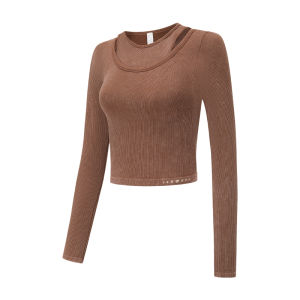 High-Waist Slim Fit Long Sleeve Yoga Fitness Running T-Shirt Particle Fever TP030 Casual Sportswear Nylon Fabric round Neck