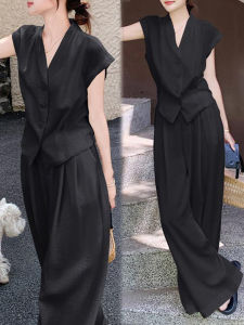 Shalldoer | Bộ đồ hai mảnh phong cách retro cổ chữ V không tay áo vest và quần ống rộng mùa hè cho nữ Bộ đồ công sở màu trung tính