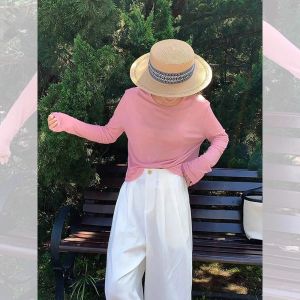 Áo Thun Tay Dài Màu Hồng Mùa Hè Cho Nữ Áo Khoác Ngoài Mỏng Che Nắng Dáng Rộng Cổ Tròn Dài Thường