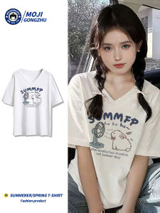 เสื้อยืดคอกลมแขนสั้นผ้าฝ้ายแท้ไซส์ใหญ่สำหรับฤดูร้อน เสื้อเชิ้ตทรงหลวมๆ สไตล์เกาหลี ลายการ์ตูน สำหรับผู้หญิงวัย 18-24 ปี